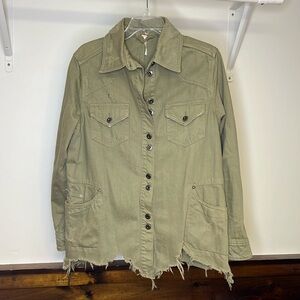 Free People Distressed Olive Green Denim Jacket- XS